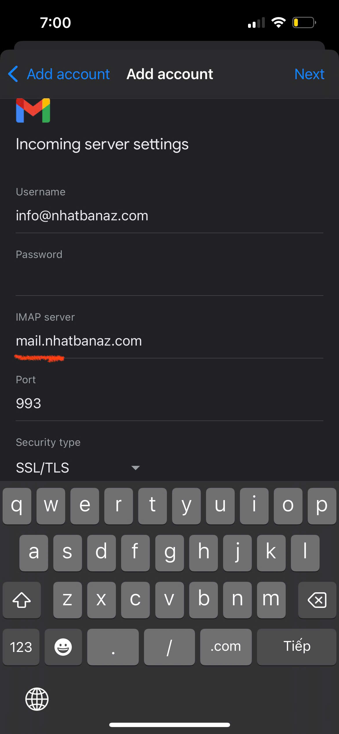 Step 4: Nhập IMAP Server