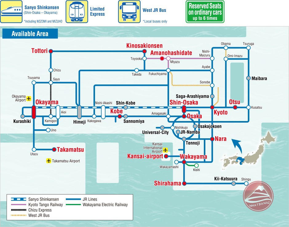 Vé tàu JR West Rail Pass khu vực Kansai WIDE