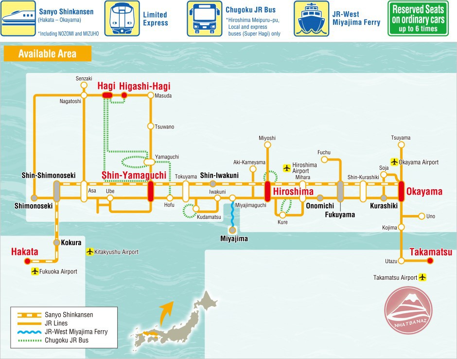 Vé tàu khu vực Okayama – Hiroshima – Yamaguchi