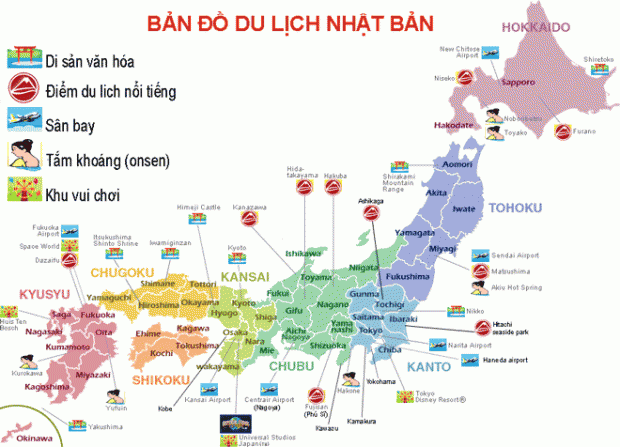 Bản đồ du lịch Nhật Bản với các địa điểm ưa thích