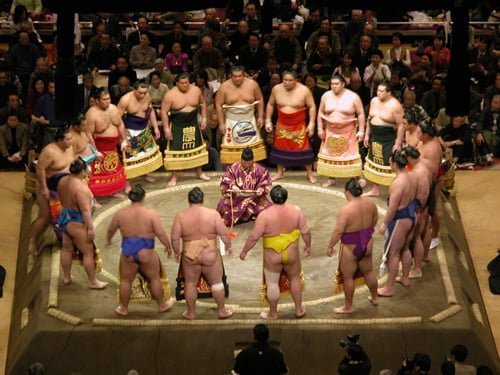 các vận động viên sumo tập hợp trước thi đấu